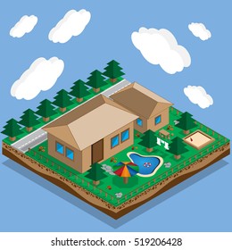 Plan a private house with a courtyard, lawn and pool. Isometric. Vector illustration.