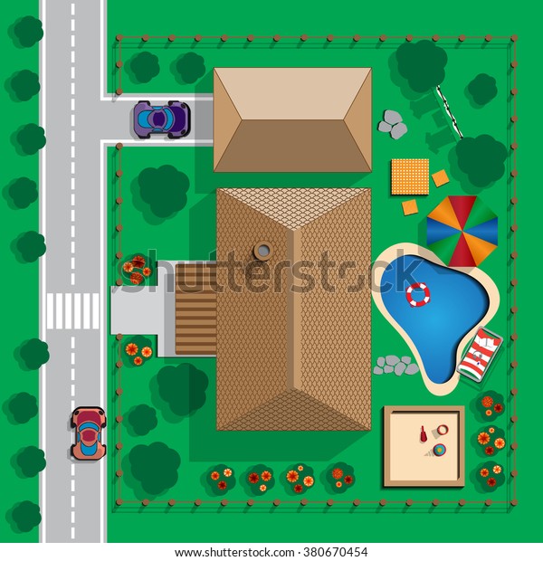 Plan a private house with a courtyard, lawn and\
pool. Top view of a house. Vector illustration. Applique with\
realistic shadows.