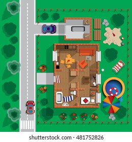 Plan a private house. Top view of a house. Vector illustration.