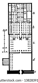 Plan of the Ramasseum is the memorial temple or mortuary temple of Pharaoh Ramesses II, it is entrance court, vintage line drawing or engraving.