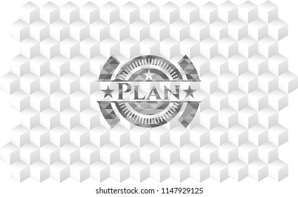 Plan realistic grey emblem with geometric cube white background