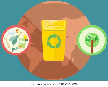 Plan for recycling and greening planet. Waste sorting bin vector illustration. Dried, hot and red world globe. Trash can with human waste for further recycling. Saving Earth and environmental care