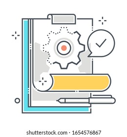 Plan related color line vector icon, illustration. The icon is about to do list, design, gear, clipboard. The composition is infinitely scalable.