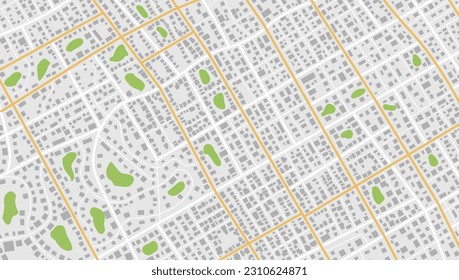 Plan with road and buildings. Abstract city maps background. Top view, view from above. Fictional district plan. Quarter residential buildings. Vector, illustration, background.