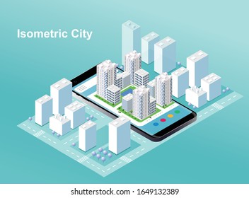 Plan with roads and buildings on a smartphone. Map in a mobile application. 3d vector illustration.