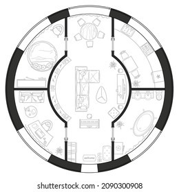 
Plan of a round house with furniture layout. Interior drawing in black and white, top view. Architectural set of standard symbols for apartment and house projects. Vector icon set