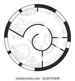 Plan of a round house with furniture layout. Interior drawing in black and white, top view. Architectural set of standard symbols for apartment and house projects. Vector icon set