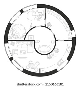 Plan of a round house with furniture layout. Interior drawing in black and white, top view. Architectural set of standard symbols for apartment and house projects. Vector icon set