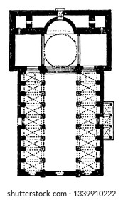 Plan de San Nicola en el siglo XII de Bari un ejemplo de la Escala de la arquitectura románica del sur de Italia está en pies de línea vintage de dibujo o ilustración de grabado.