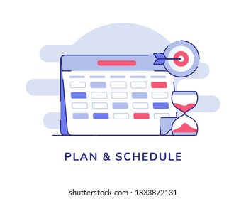 Planear y programar el objetivo de hourglass de calendario blanco aislado fondo con un estilo de contorno plano