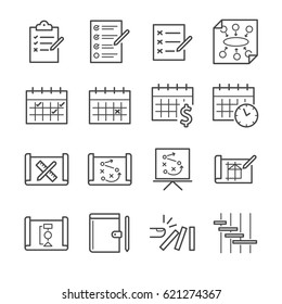 Plan and schedule line icon set. Included the icons as note, strategy, plan, timeline and more.