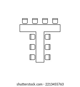 Planform T für die Anordnung von Sitzen und Tischen in Innenräumen, Layoutbild-Rahmenelementen. Stühle und Tische Symbole im Plan Architektur. Büro- und Hausmöbel, Draufsicht. Vektorlinie