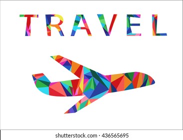Plan sign, travel concept, travel icon. Airplane icon.Low poly art.The original font is made of of different colors triangles.Creative concept of tourism. 