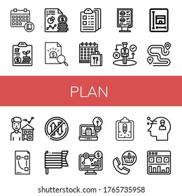 plan simple icons set. Contains such icons as Schedule, Analytics, Report, Clipboard, Calendar, Order, Strategy, Blueprint, Route, Estate agent, can be used for web, mobile and logo