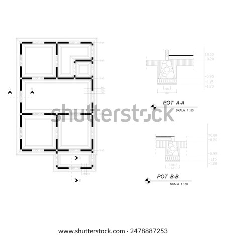 plan sketch of the river stone foundation and details of the foundation