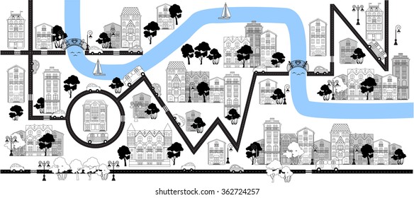 Plan a small town with roads, cars, houses, trees, river and bridges