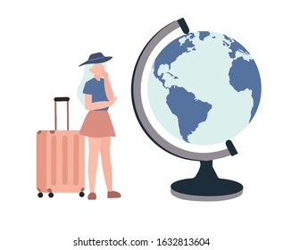 Plan A Solo Vacation Day hand drawn style vector design illustrations. Concept of women is choose a solo vacation destination with globe isolated on white.