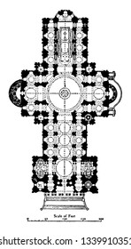 Plan of St Pauls Cathedral London 16751710 an example of English Renaissance architecture designed the cathedral give it greater height and importance vintage line drawing or engraving illustration.