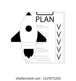 Plan start up launch. Rocket and checklist. Development idea, strategy process, vector illustration