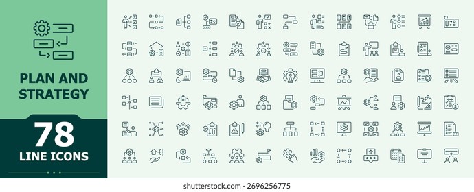 Plan And Strategy line icon set. Thin UI icons. Vector illustration. Act line icon set. Contains such icons as goal, action plan, objective, achieve, collaboration, implementation and more.