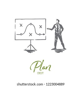 Plan, strategy, marketing, project, tactic concept. Hand drawn businessman and strategy plan concept sketch. Isolated vector illustration.