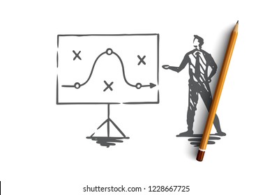 Plan, strategy, marketing, project, tactic concept. Hand drawn businessman and strategy plan concept sketch. Isolated vector illustration.