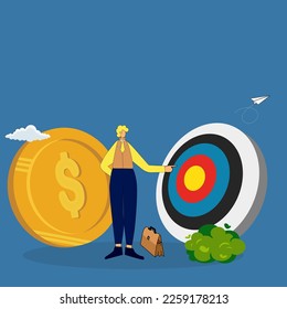 Plan oder Strategie in Projektmanagement, Ziel und Zielkonzept, Business-Mann zeigt seinen Finger auf das Ziel.