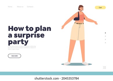 Plan Surprise Party Concept Of Landing Page With Astonished Young Woman With Surprised And Excited. Female In Shock Emotion. Astonishment Reaction. Cartoon Flat Vector Illustration