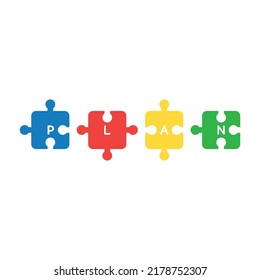 Plan, teamwork concept with matching puzzle piece icons, flat vector illustration. 