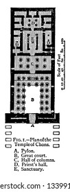 Plan of the Temple of Chons 21341999 BC Khonsu Luxor Egypt Egyptian to style architecture Scale in feet floor plan vintage line drawing or engraving illustration.