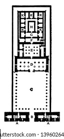 Plan of the Temple of Edfu 21341999 BC Egypt Egyptianstyle architecture architectural features entrance door Great Court Hall of Columns Second Hal vintage line drawing or engraving illustration.