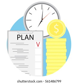 Plan time and golden coins vector icon. Clock and strategy illustration