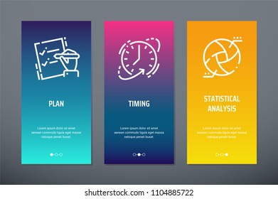 Plan, Timing, Statistical analysis Vertical Cards with strong metaphors. Template for website design.