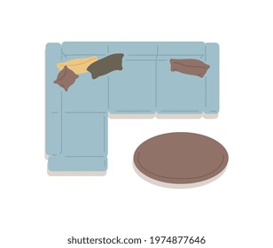 Plan top view on sofa with coffee table, flat vector illustration isolated on white background. Comfortable furniture for living room or lounge zone view from above.