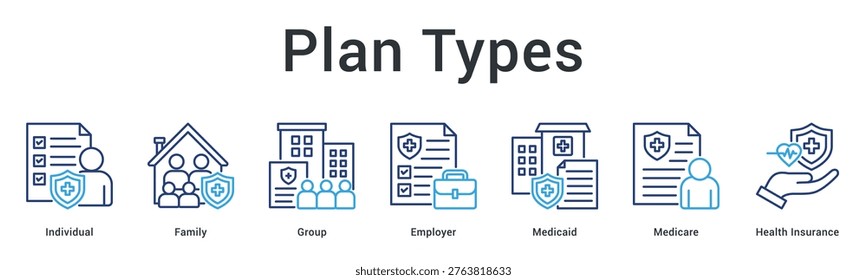 Plan types banner web icon compares individual, family, group, employer and government insurance coverage options.