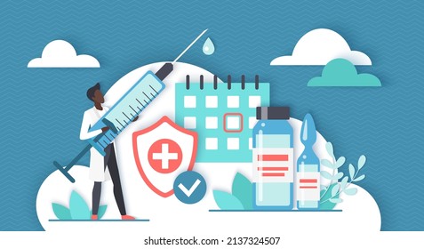 Plan of vaccination. Tiny doctor with vaccine syringe and time of inoculation in calendar, shield to ptotect health from viruses and bacteria flat vector illustration. Medical protection concept