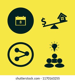 plan vector icons set. with group idea, march calendar, dollar house scales and share sign in set