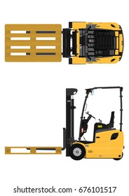 The plan view three-wheeled counterbalance forklift. Flat vector.