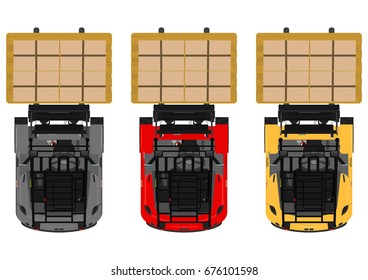The plan view three-wheeled counterbalance forklift. Flat vector.