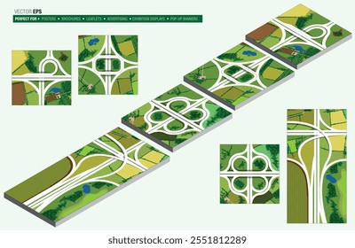 Vistas al Plan y vistas isométricas de las principales carreteras - autopistas - autopistas con intersecciones de tráfico y rotondas Grandes.