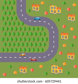 Plan of village. Landscape with the road, forest, cars and houses.  Vector illustration