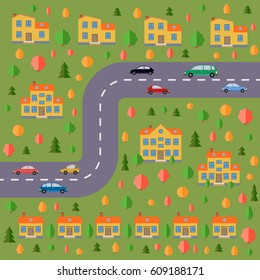 Plan of village. Landscape with the road, forest, cars and houses.  Vector illustration
