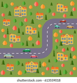 Plan of village. Landscape with the road, forest, cars and houses.  Vector illustration