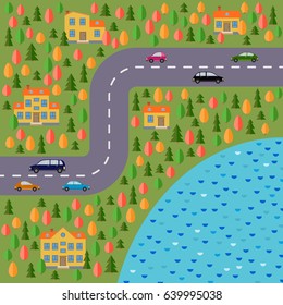 Plan of village. Landscape with the road, forest, lake, cars and houses.  Vector illustration
