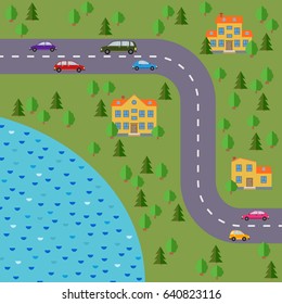 Plan of village. Landscape with the road, forest, lake, cars and houses.  Vector illustration