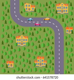 Plan of village. Landscape with the road, forest, lake, cars and houses.  Vector illustration