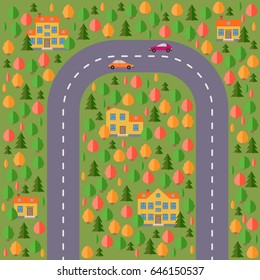 Plan of village. Landscape with the road, forest, two cars and houses.  Vector illustration