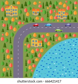Plan of village. Landscape with the road, forest, lake, cars and houses.  Vector illustration
