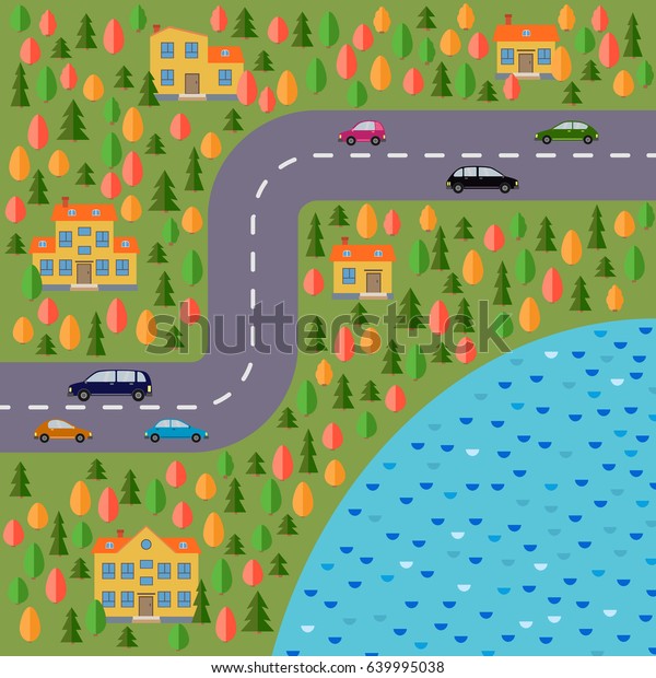 Plan of village. Landscape with\
the road, forest, lake, cars and houses.  Vector\
illustration\
