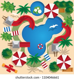 Plan water park on the beach. View from above. Vector illustration.